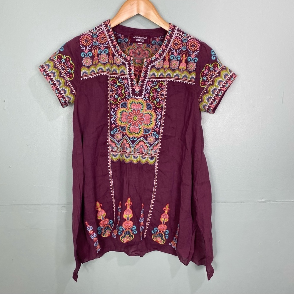 Johnny Was Blouse Purple‎ XS Tamia Boho Embroidered Floral Paisley Drape Top